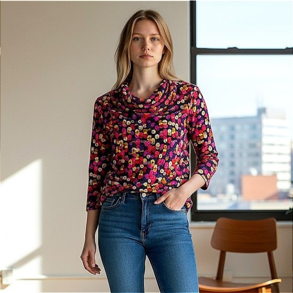 Style & Co Petite Cowl Neck Ruched Side Top Popping Multi-Color Dot Print PM